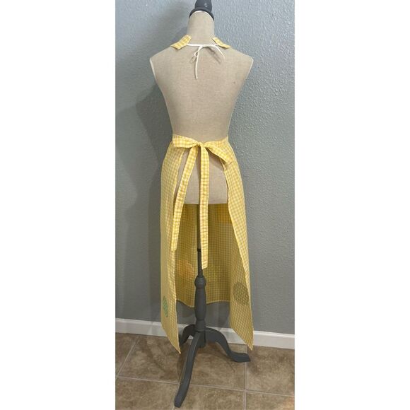 Apron Vintage Long Yellow gingham checked with bib flower appliqué pockets and l - Picture 4 of 6